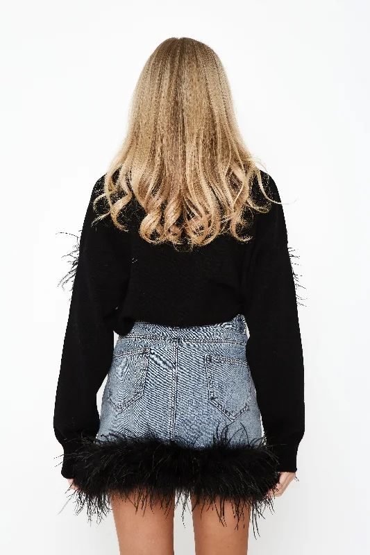 Denim Skirt with Feather Trim