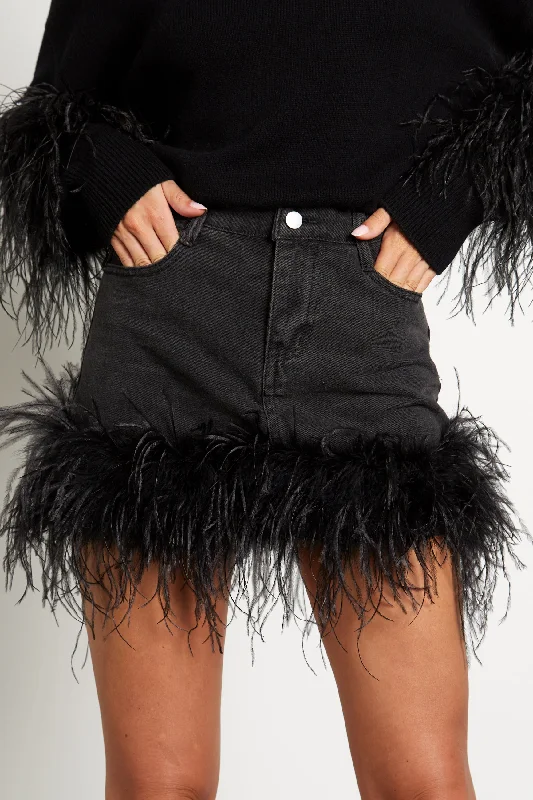 Denim Skirt with Feather Trim