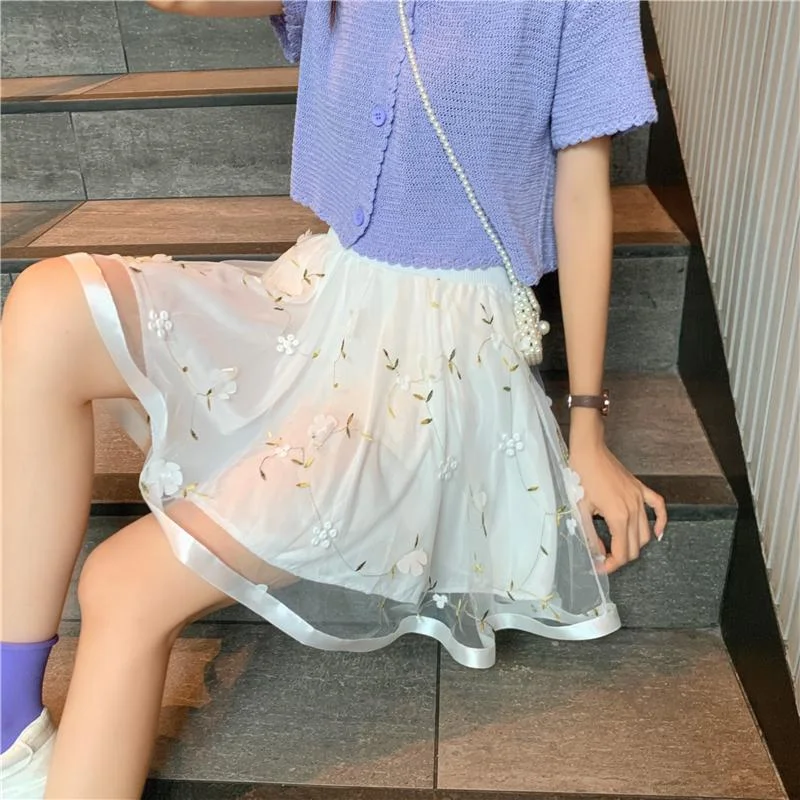 Women's High-waist Floral Embroidered Mesh Skirts