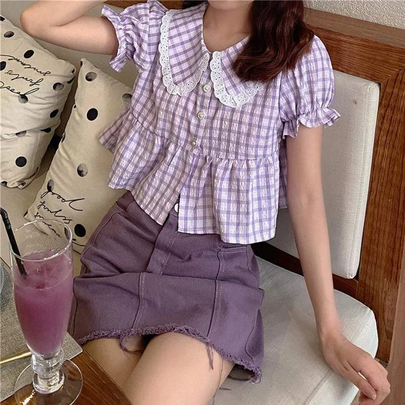 Women's Kawaii Splicing Lace Ruffles Plaid Shirts