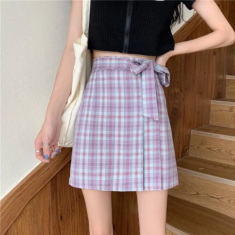 Women's Sweet Side Bowknot A-line Plaid Skirts