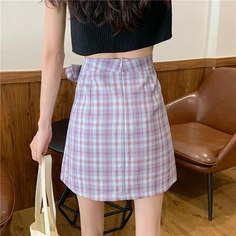 Women's Sweet Side Bowknot A-line Plaid Skirts