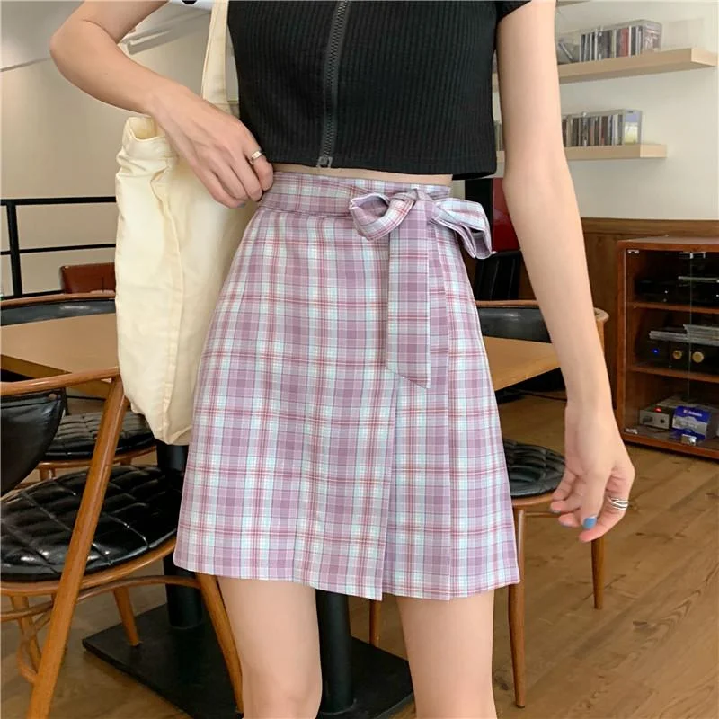 Women's Sweet Side Bowknot A-line Plaid Skirts