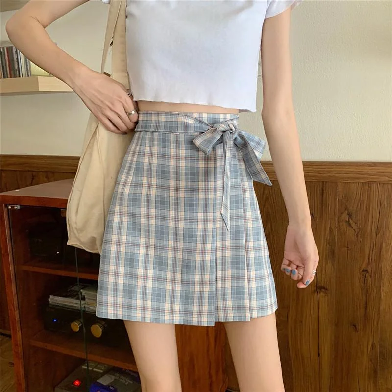 Women's Sweet Side Bowknot A-line Plaid Skirts