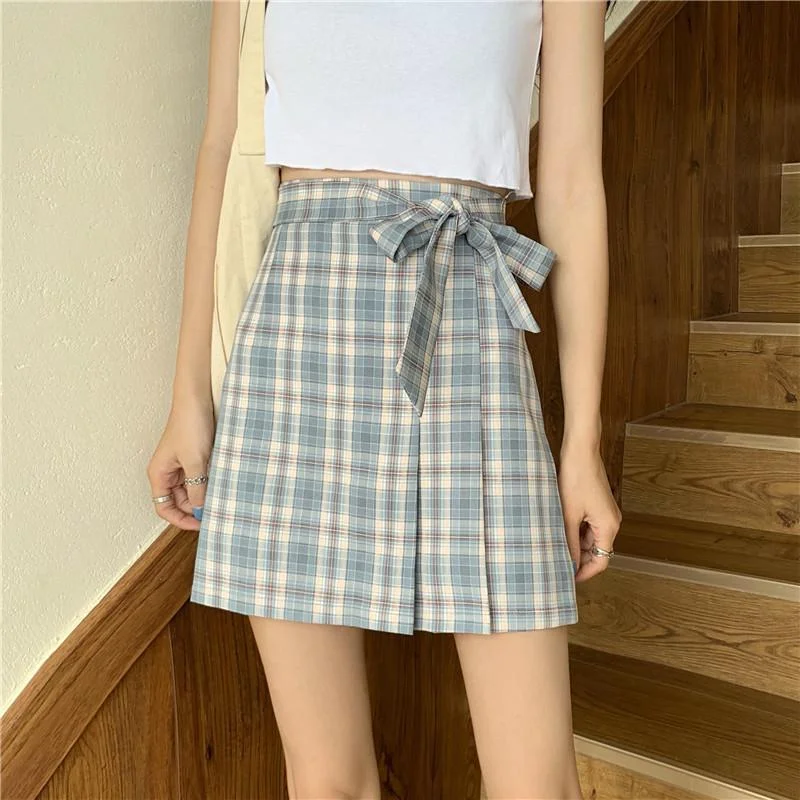 Women's Sweet Side Bowknot A-line Plaid Skirts