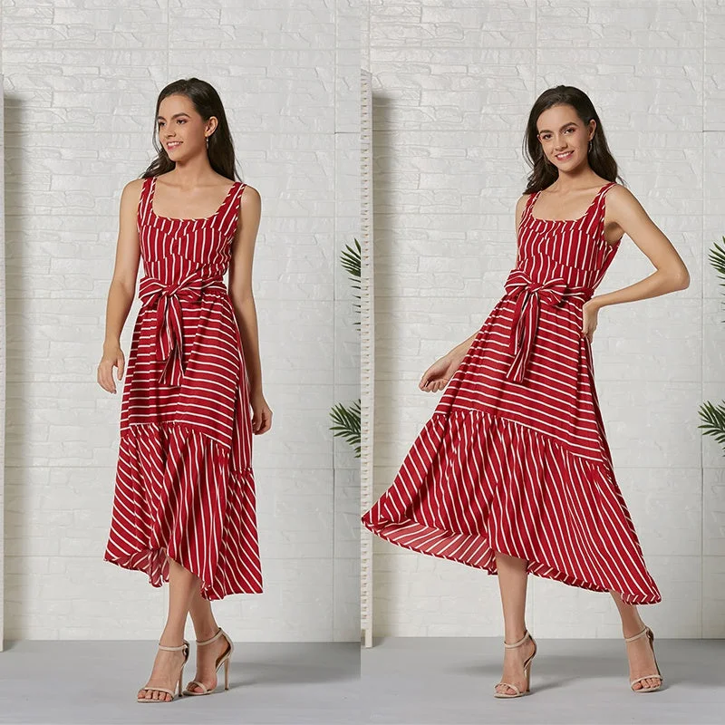 KittenAlarm - Women Fashion Sleeveless Stripe Maxi Dress Party Belt waist Casual Beach Long Dress