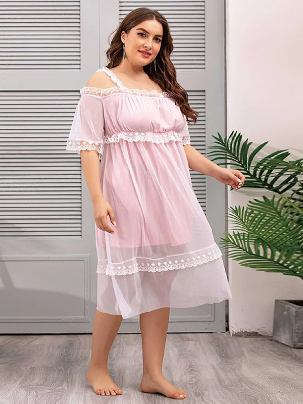 KittenAlarm - Plus Size Mesh V-neck Lace Sheer Lounge Wear Short Sleeve Nightdress