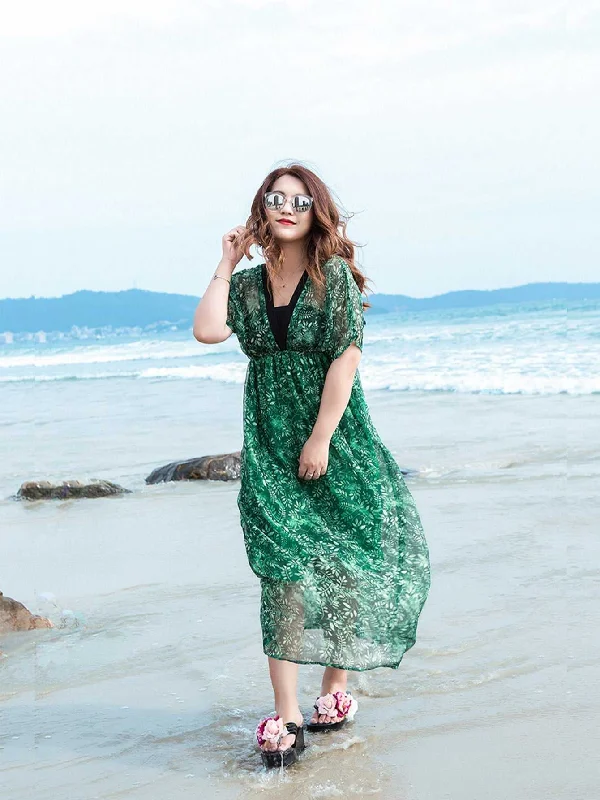 KittenAlarm - Plus size Green Plant Print Deep V-Neck High Waist Contrast Color Piping Dress