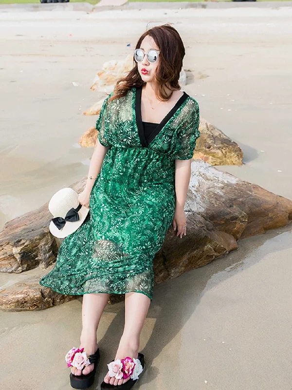 KittenAlarm - Plus size Green Plant Print Deep V-Neck High Waist Contrast Color Piping Dress