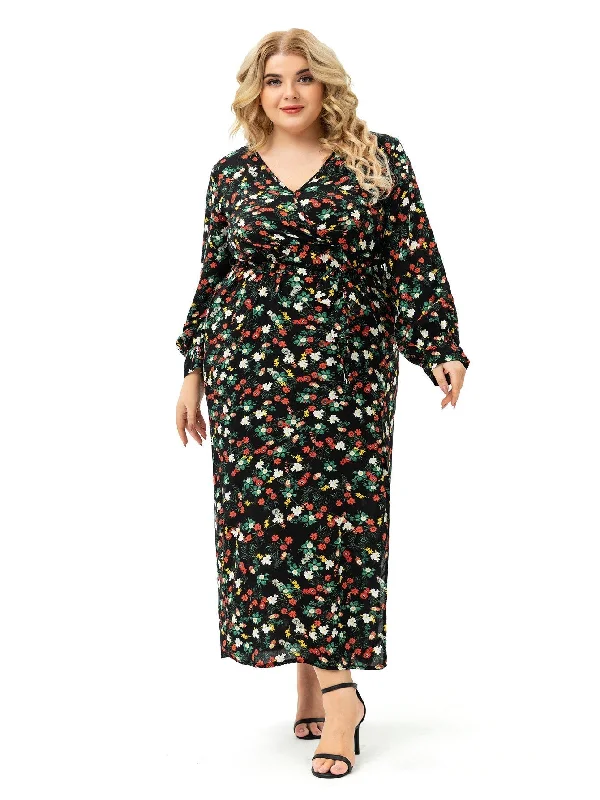 KittenAlarm - Plus size Long Sleeve V neck Slit Printd Dress