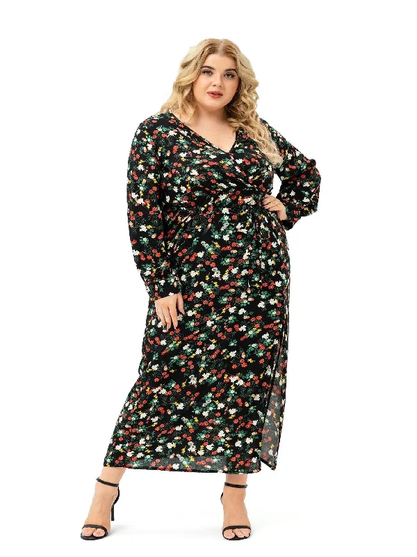 KittenAlarm - Plus size Long Sleeve V neck Slit Printd Dress