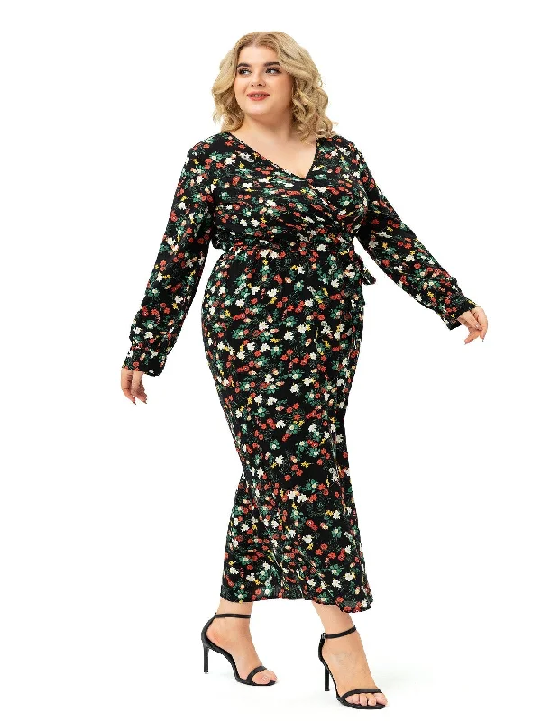 KittenAlarm - Plus size Long Sleeve V neck Slit Printd Dress