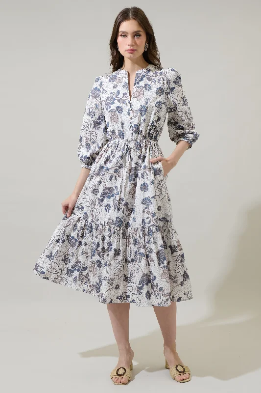 Bryony Floral Zinnia Split Neck Midi Dress