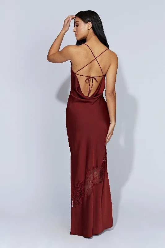 Chandra Lace Detail Satin Maxi Dress - Cherry Chocolate