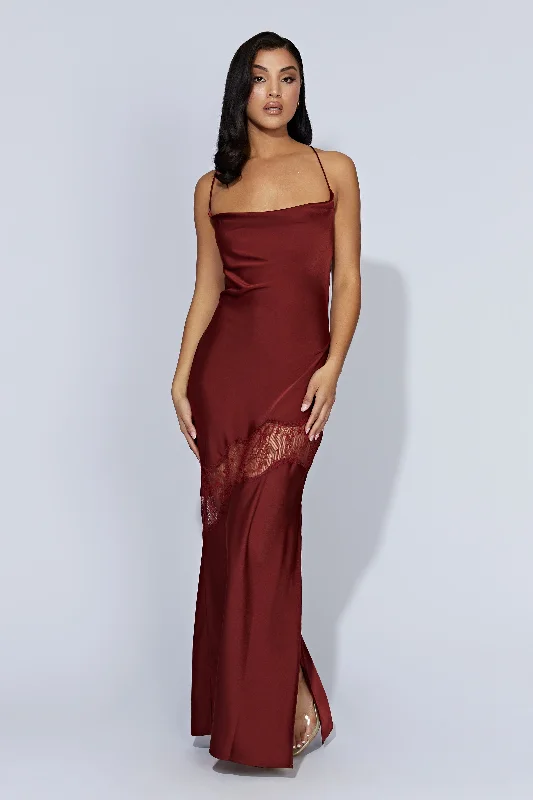 Chandra Lace Detail Satin Maxi Dress - Cherry Chocolate