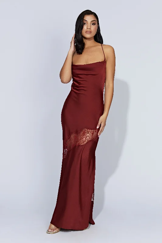 Chandra Lace Detail Satin Maxi Dress - Cherry Chocolate