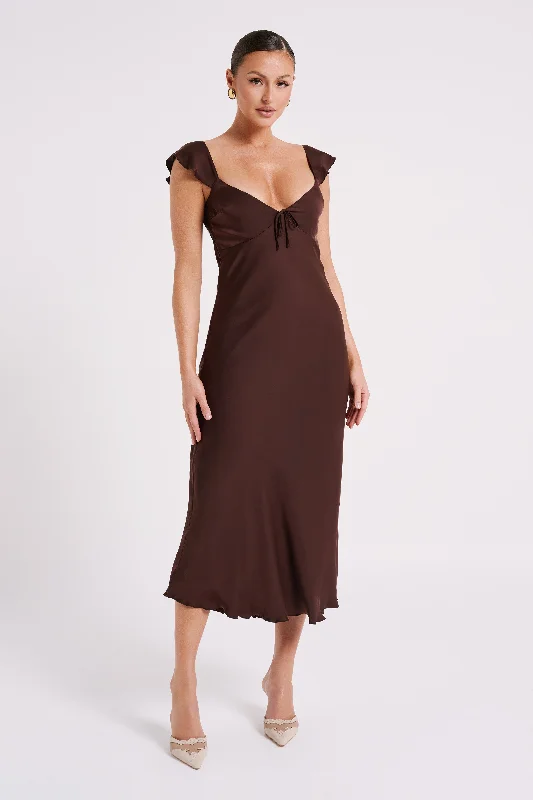 Chantal Short Sleeve Satin Midi Dress - Dark Chocolate