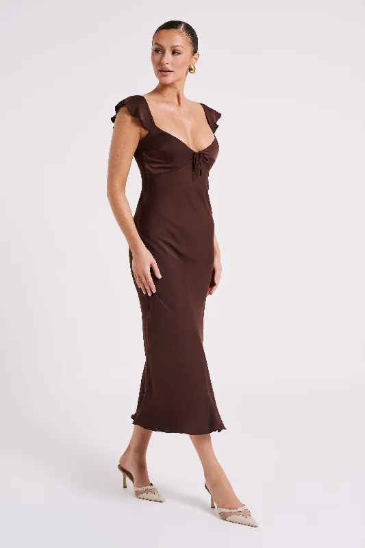 Chantal Short Sleeve Satin Midi Dress - Dark Chocolate