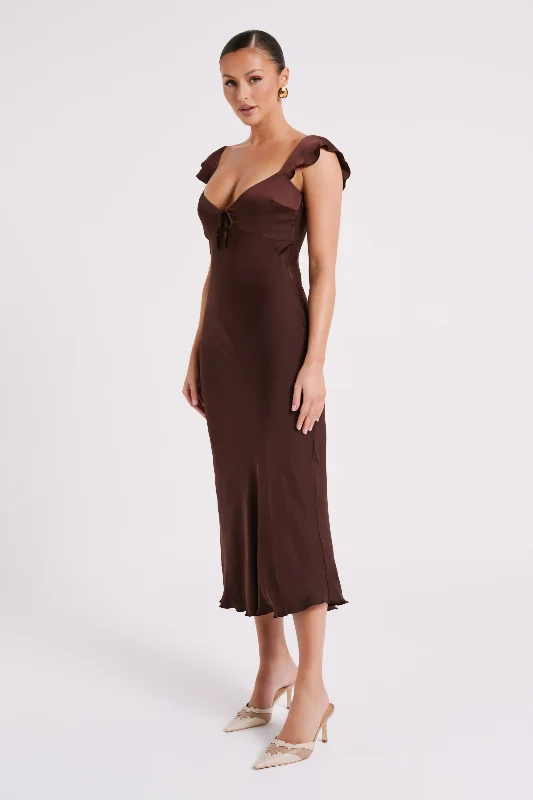 Chantal Short Sleeve Satin Midi Dress - Dark Chocolate