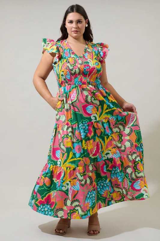 Lanai Multi Tropics Sunfire Smocked Bodice Tiered Midi Dress Curve