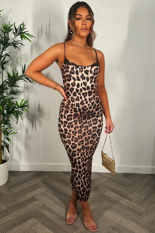 Leopard Print Maxi Dress With Side Split And Lace Detail