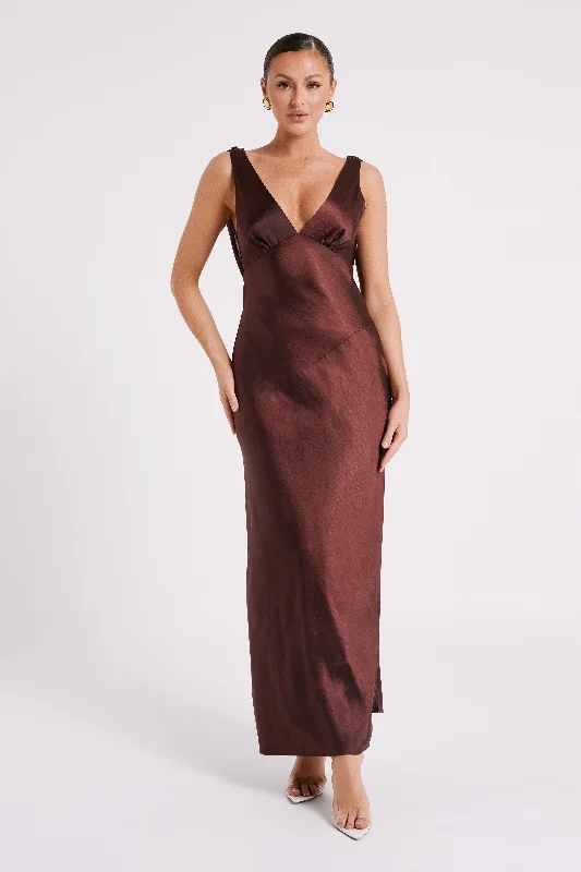 Nadia Maxi Satin Dress With Back Cowl - Dark Chocolate