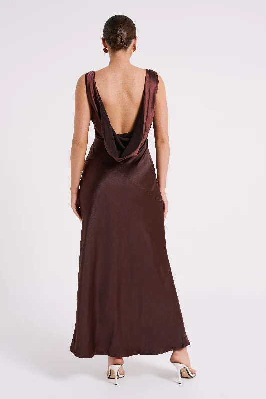 Nadia Maxi Satin Dress With Back Cowl - Dark Chocolate