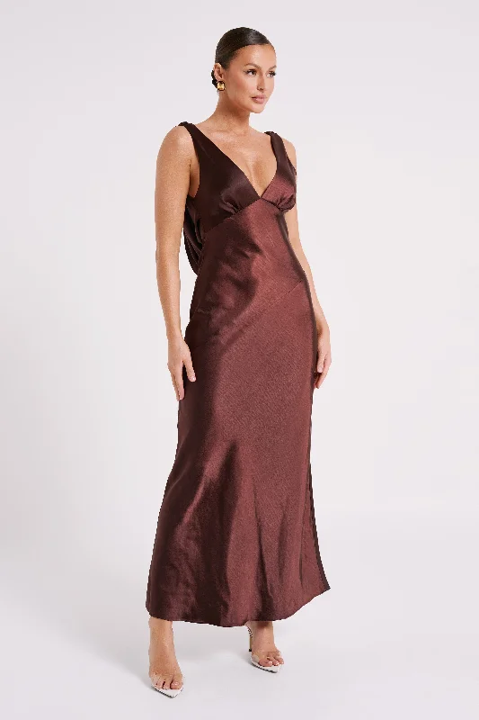 Nadia Maxi Satin Dress With Back Cowl - Dark Chocolate