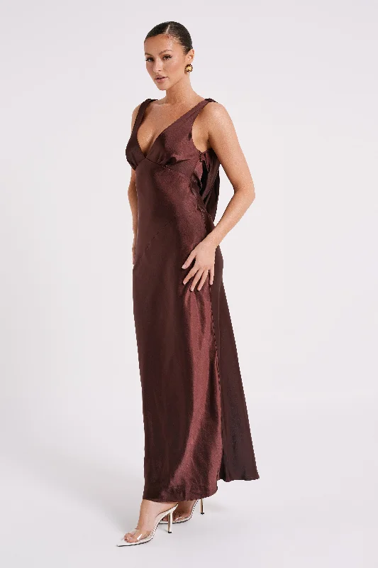 Nadia Maxi Satin Dress With Back Cowl - Dark Chocolate