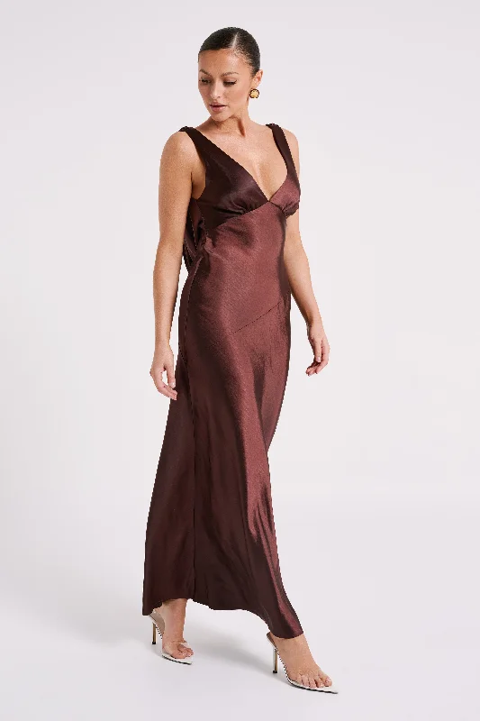 Nadia Maxi Satin Dress With Back Cowl - Dark Chocolate