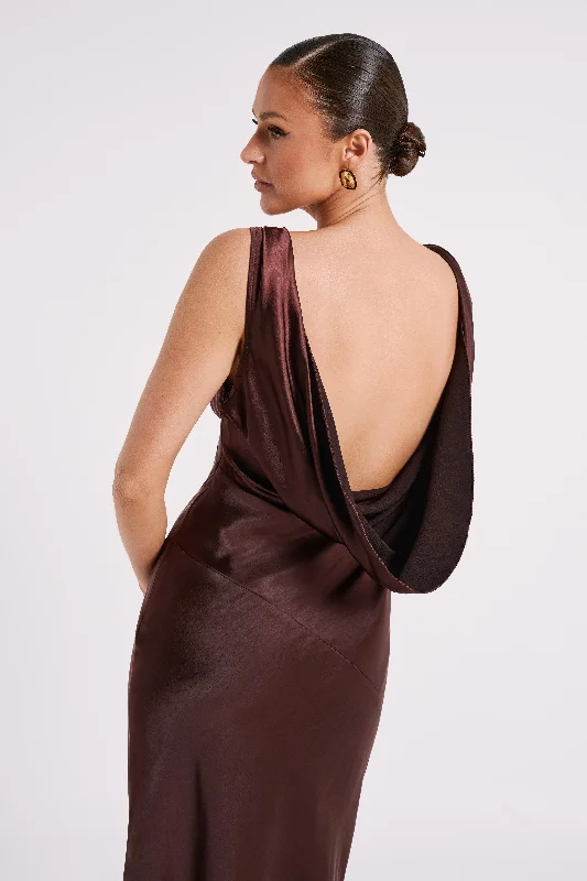 Nadia Maxi Satin Dress With Back Cowl - Dark Chocolate