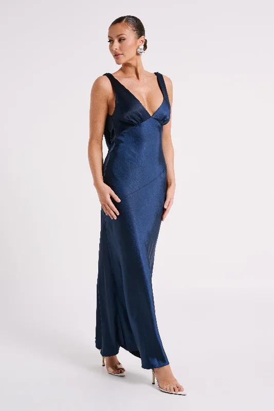 Nadia Maxi Satin Dress With Back Cowl - Navy