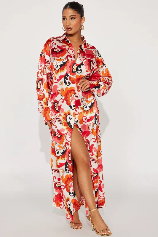 Paisley Satin Shirt Dress - Orange/combo