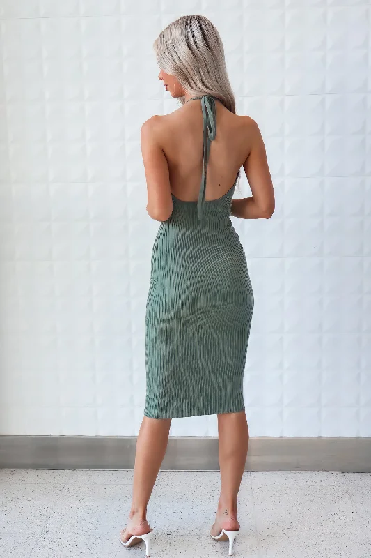 Reign Ribbed Dress - Khaki Green