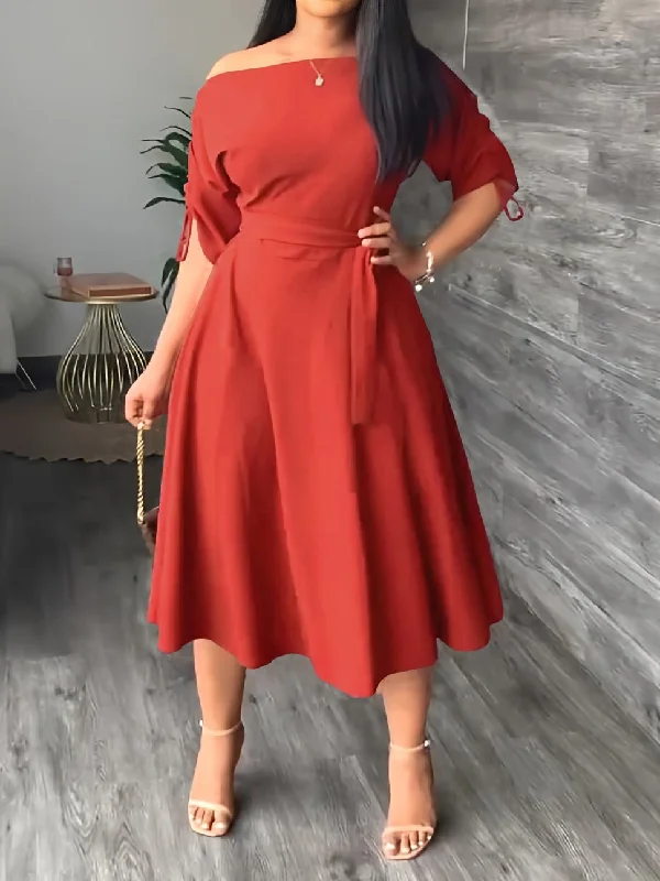 Sloping Shoulder Tie Mid Sleeve Dress