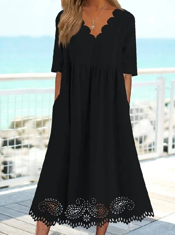 Solid Wave Neck Lace Panel Pocket Casual Dress