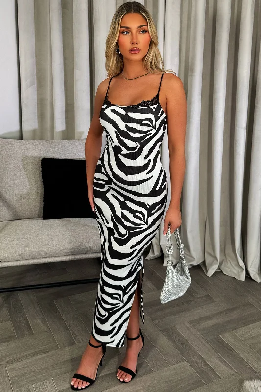 Zebra Print Maxi Dress With Side Split And Lace Detail