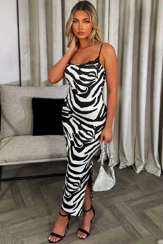 Zebra Print Maxi Dress With Side Split And Lace Detail